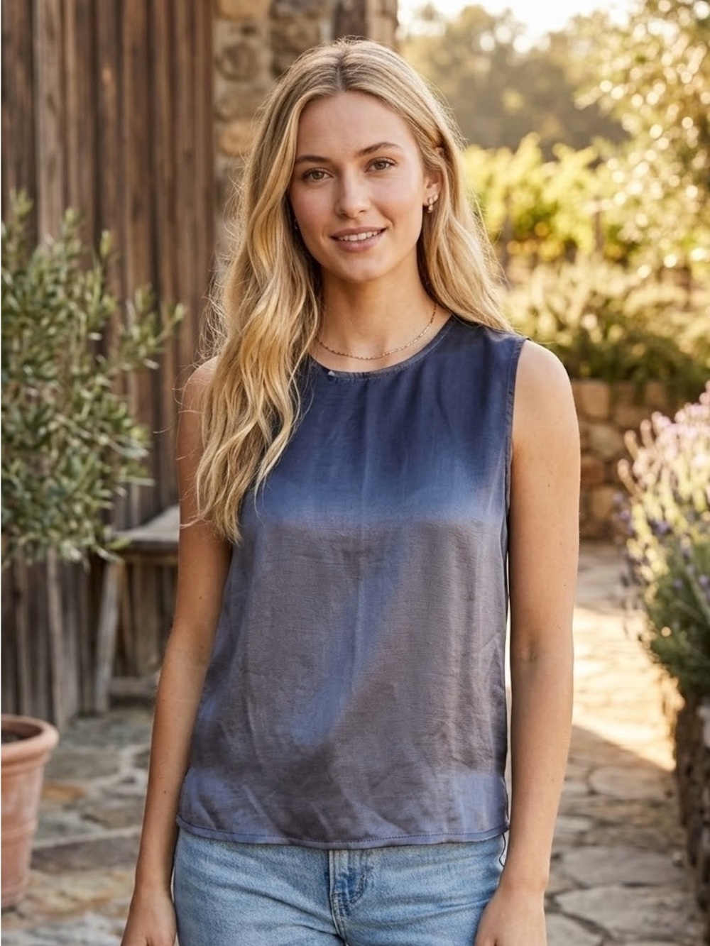 EILEEN FISHER Blue Gray Tonal Linen Silk Sleeveless Shell Blouse Top